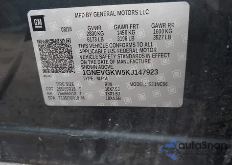 2019 Chevrolet Traverse 1Lt из США, поврежденный, VIN 1GNEVGKW5KJ147923